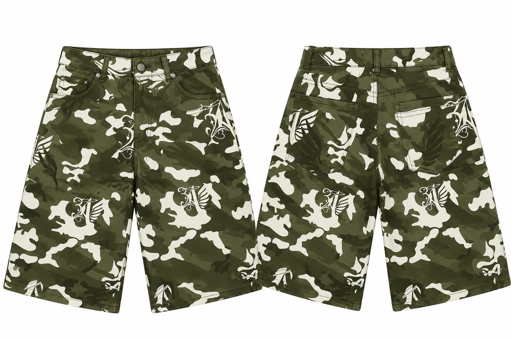 777 Green Camo Jorts front and back