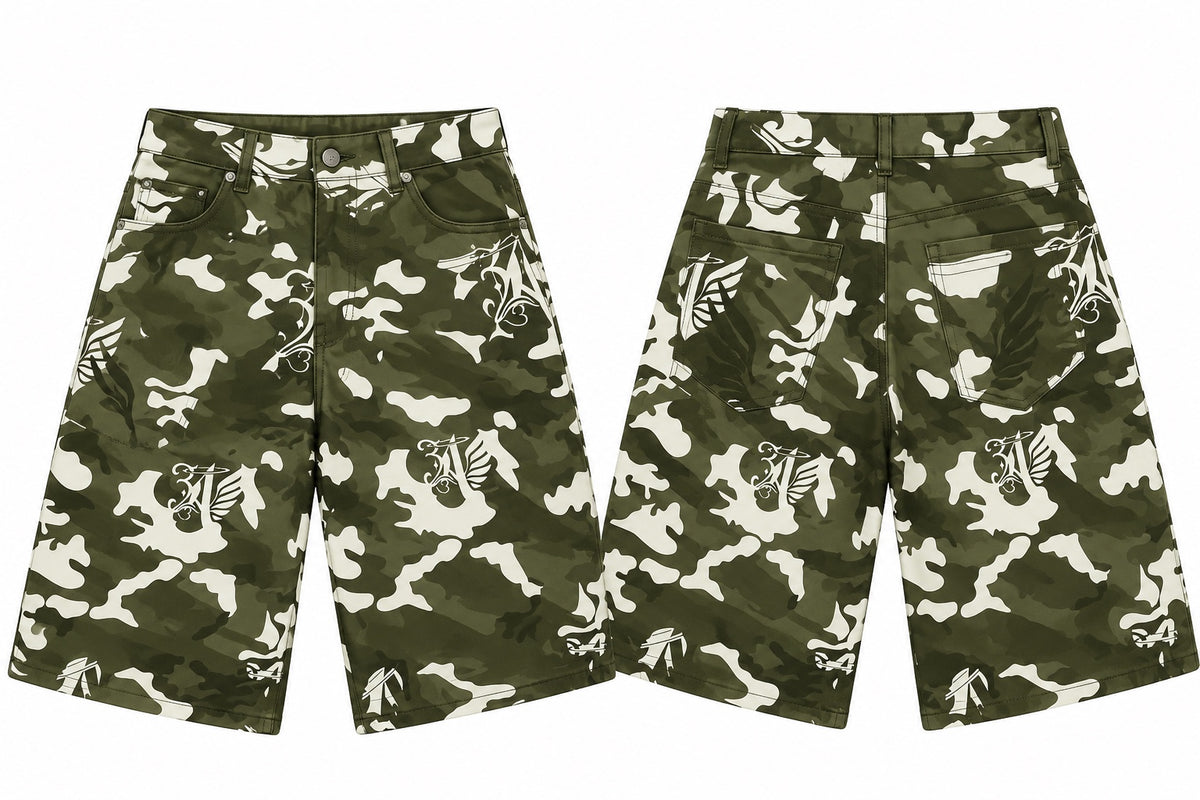 777 Green Camo Jorts front and back
